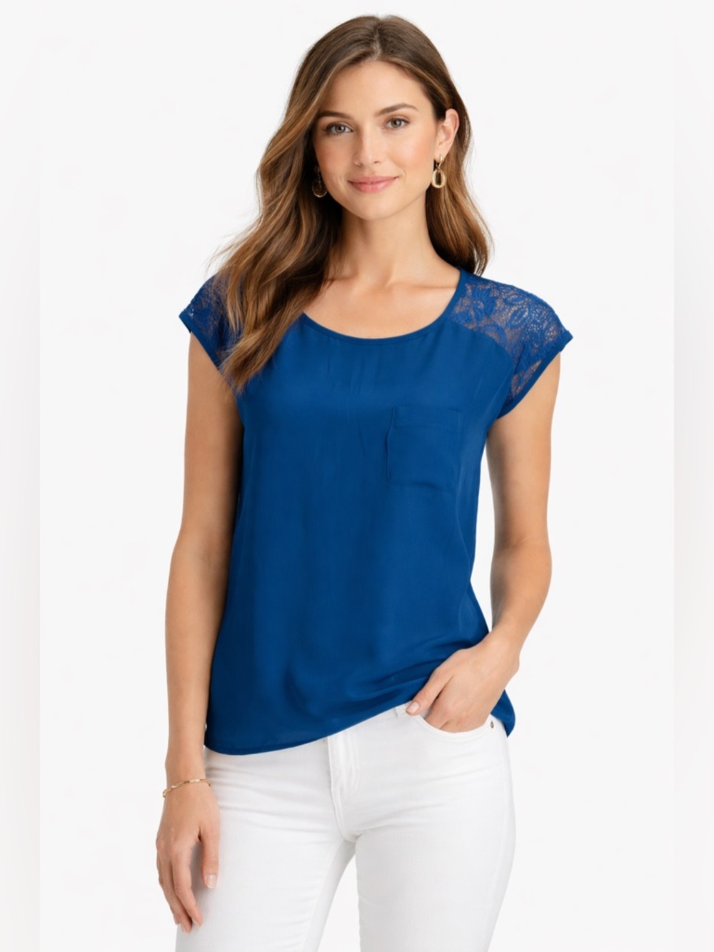 Silk Vintage Blue Blouse with Lace shoulder details